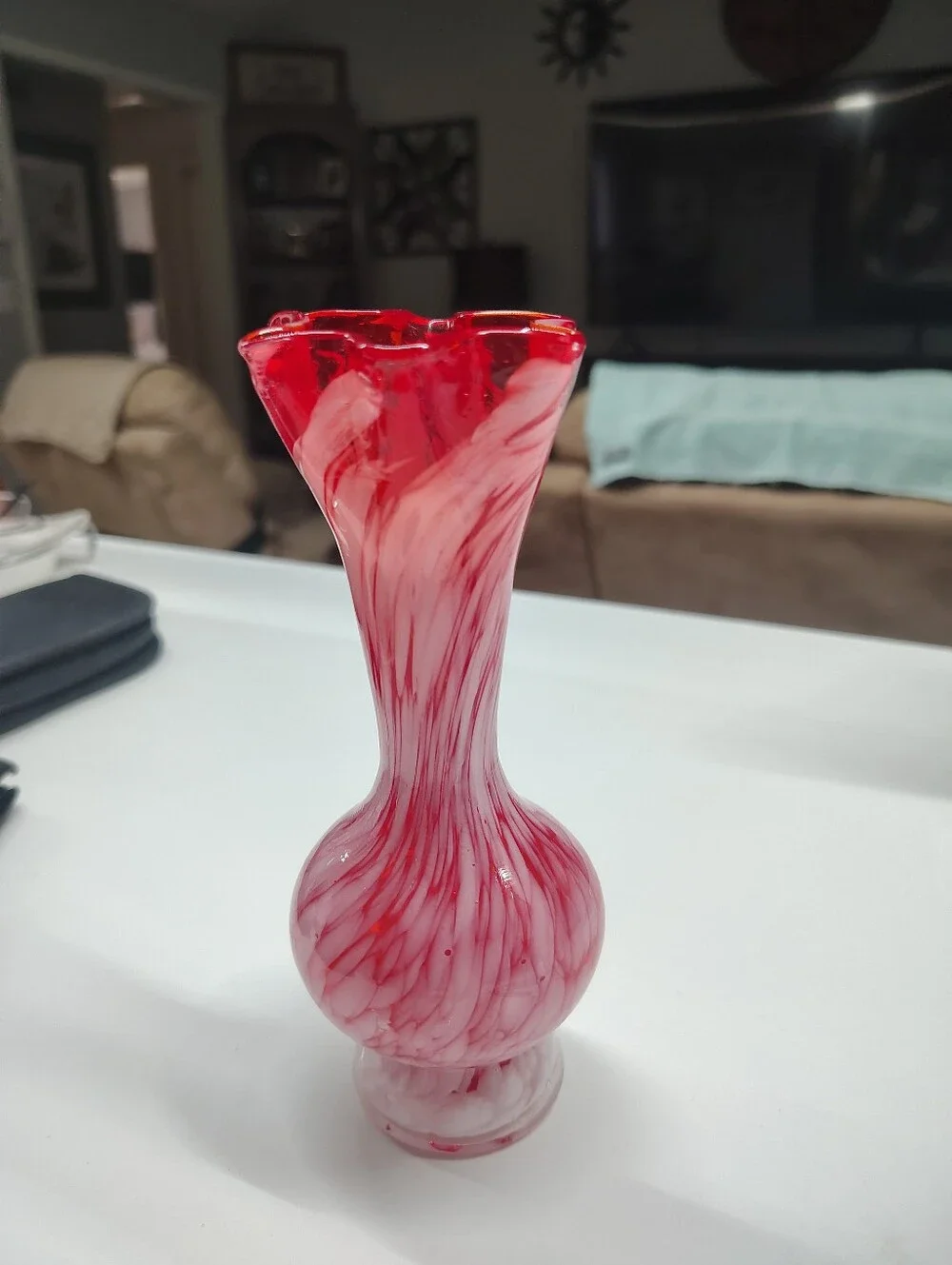 Red and White handblown Swirled Art Glass Vase